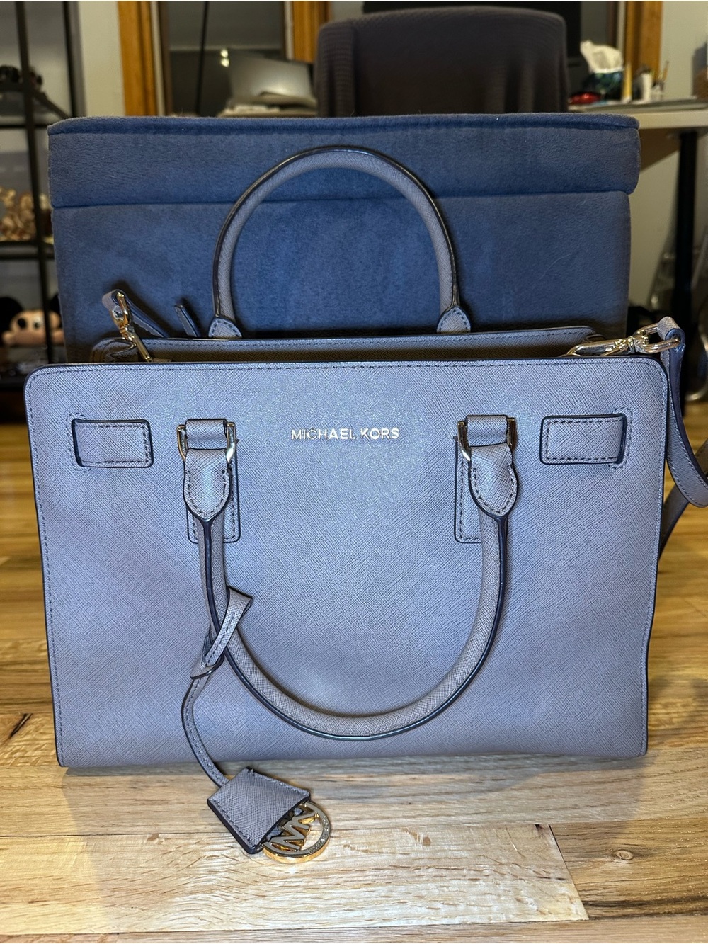 Michael Kors Blue Saffiano Leather Satchel with Gold Hardware